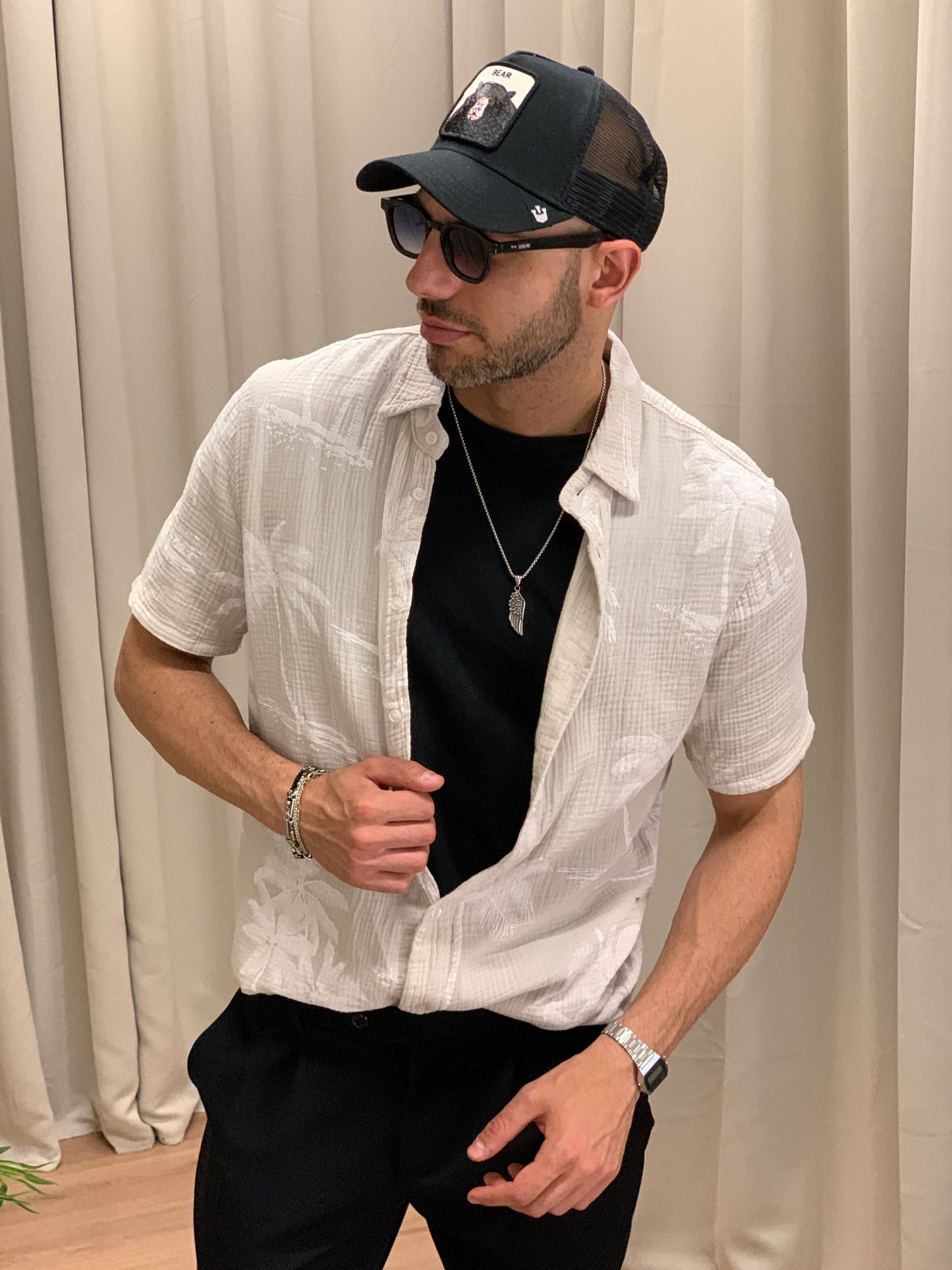 Camicia in Cotone fantasia Palme col. Beige