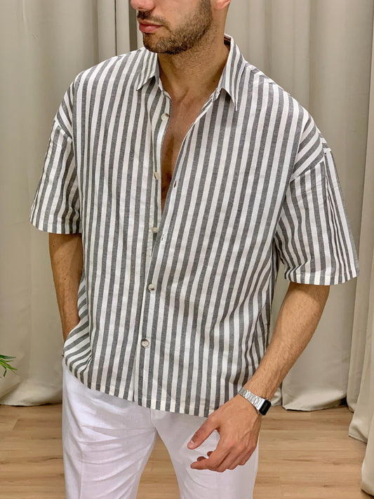 Camicia San Giorgio a Righe in misto Lino col. Nero