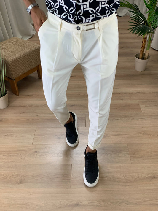 Pantalone Trieste con Fibbia e Pinces col. Panna