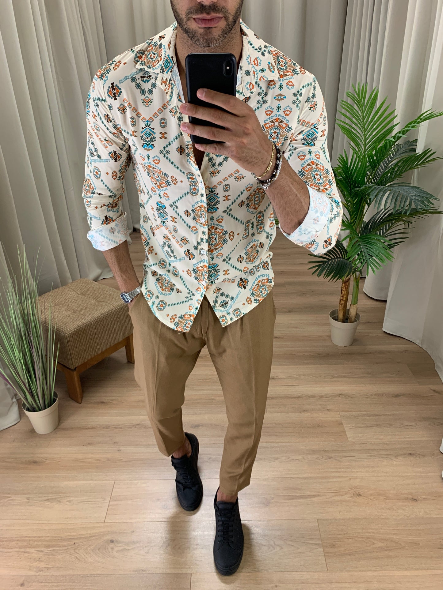 Camicia fantasia etnica in viscosa col. Beige