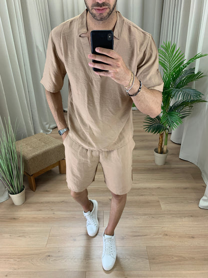 Completo Juan Bermuda + T-shirt scollo Kimono col. Cammello