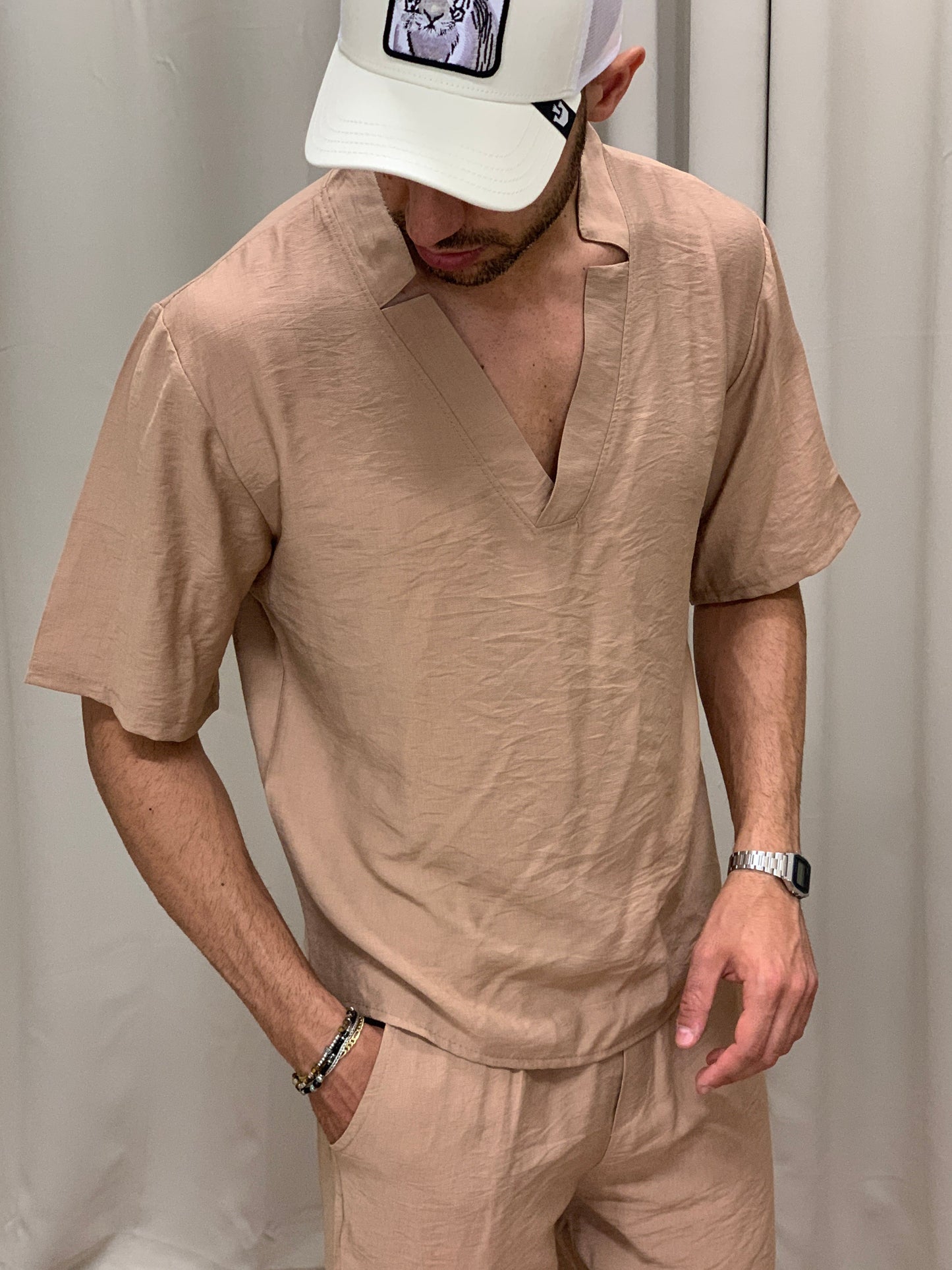 Completo Juan Bermuda + T-shirt scollo Kimono col. Cammello