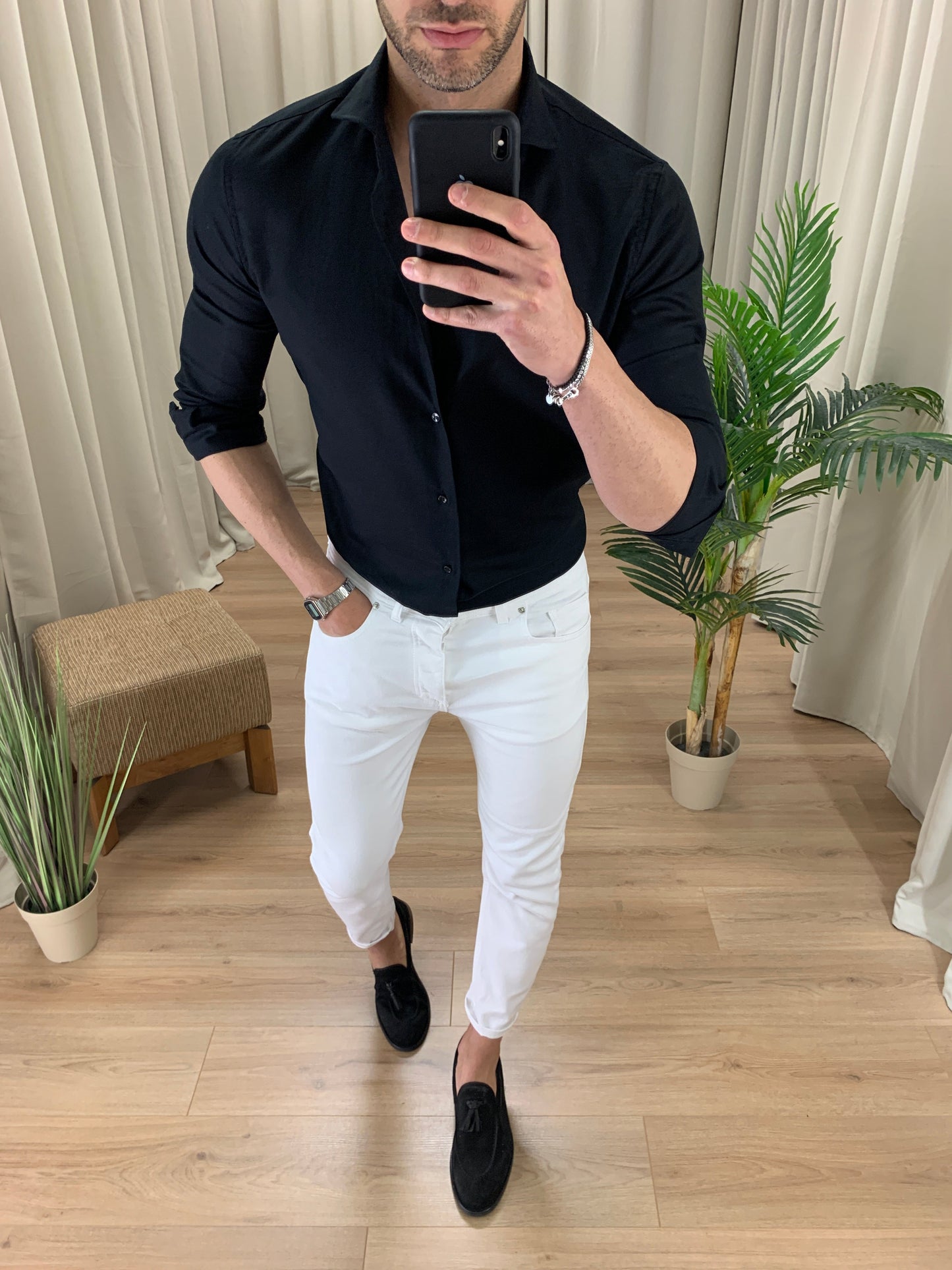 Camicia Santiago in Lino collo classico col. Nero