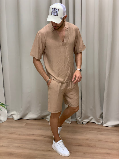 Completo Juan Bermuda + T-shirt scollo Kimono col. Cammello