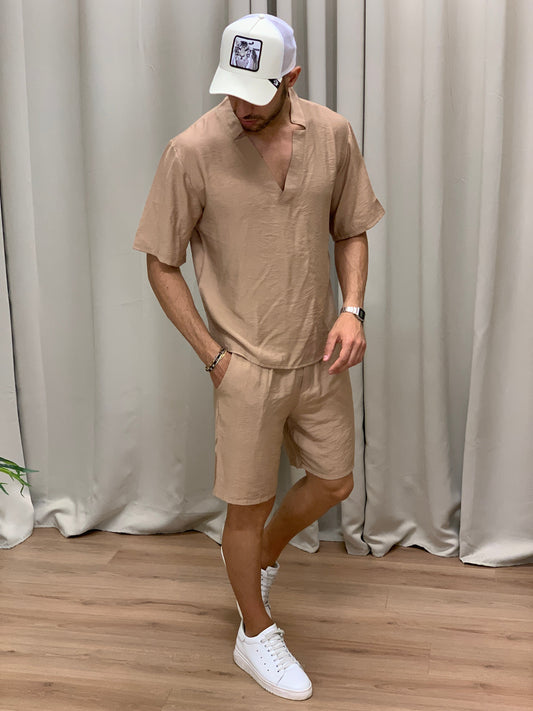 Completo Juan Bermuda + T-shirt scollo Kimono col. Cammello