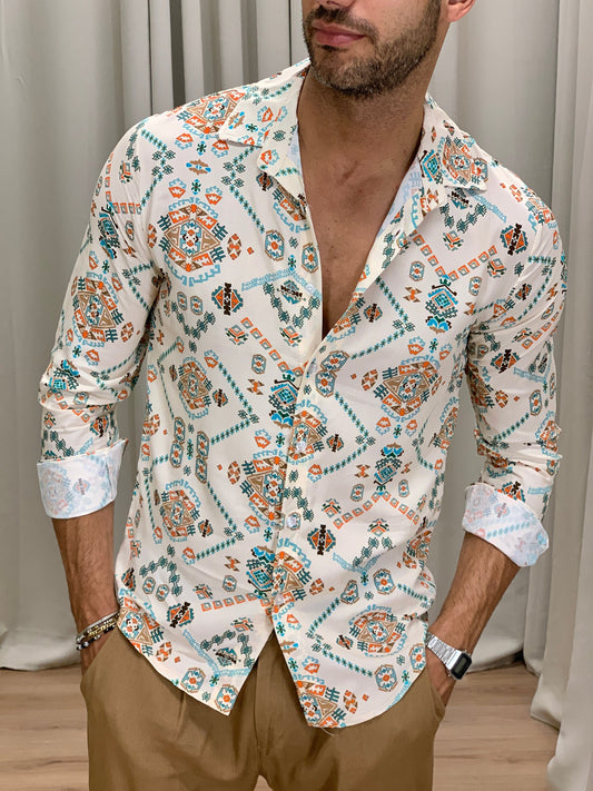 Camicia fantasia etnica in viscosa col. Beige