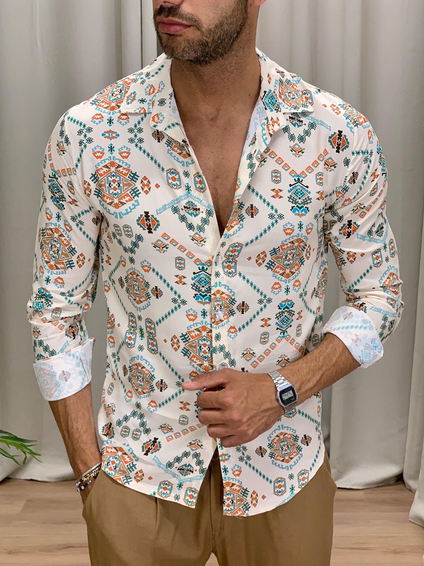 Camicia fantasia etnica in viscosa col. Beige