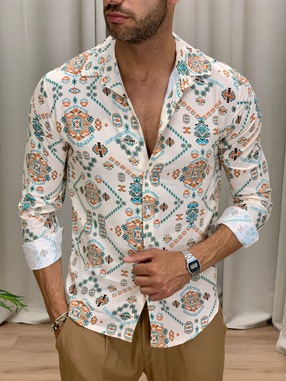 Camicia fantasia etnica in viscosa col. Beige