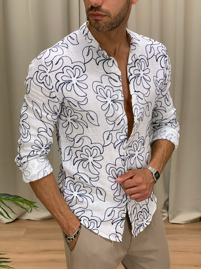 Camicia in Puro Lino con Ricamo Flowers col. Bianco