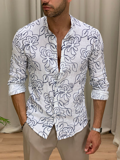 Camicia in Puro Lino con Ricamo Flowers col. Bianco