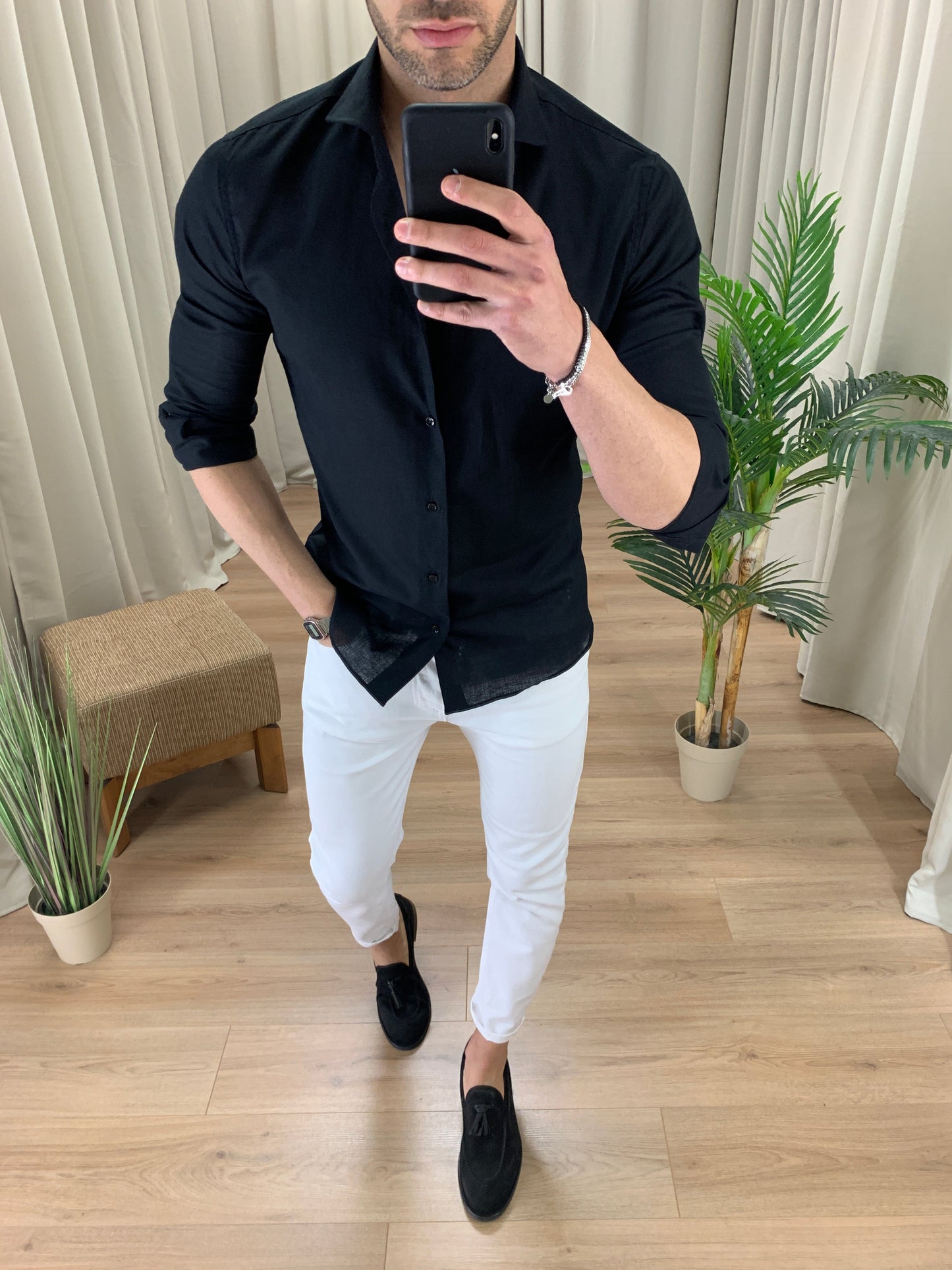 Camicia Santiago in Lino collo classico col. Nero