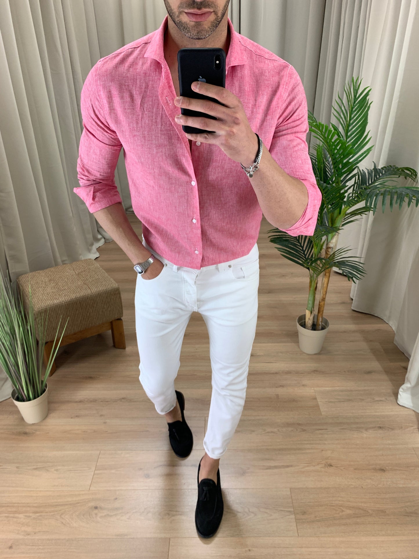 Camicia Santiago in Lino collo classico col. Rosa
