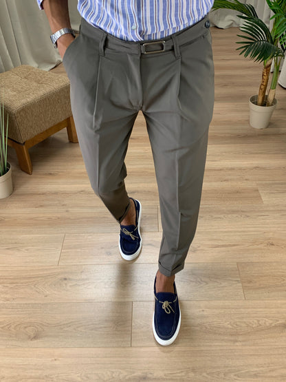 Pantalone Trieste con Fibbia e Pinces col. Tortora