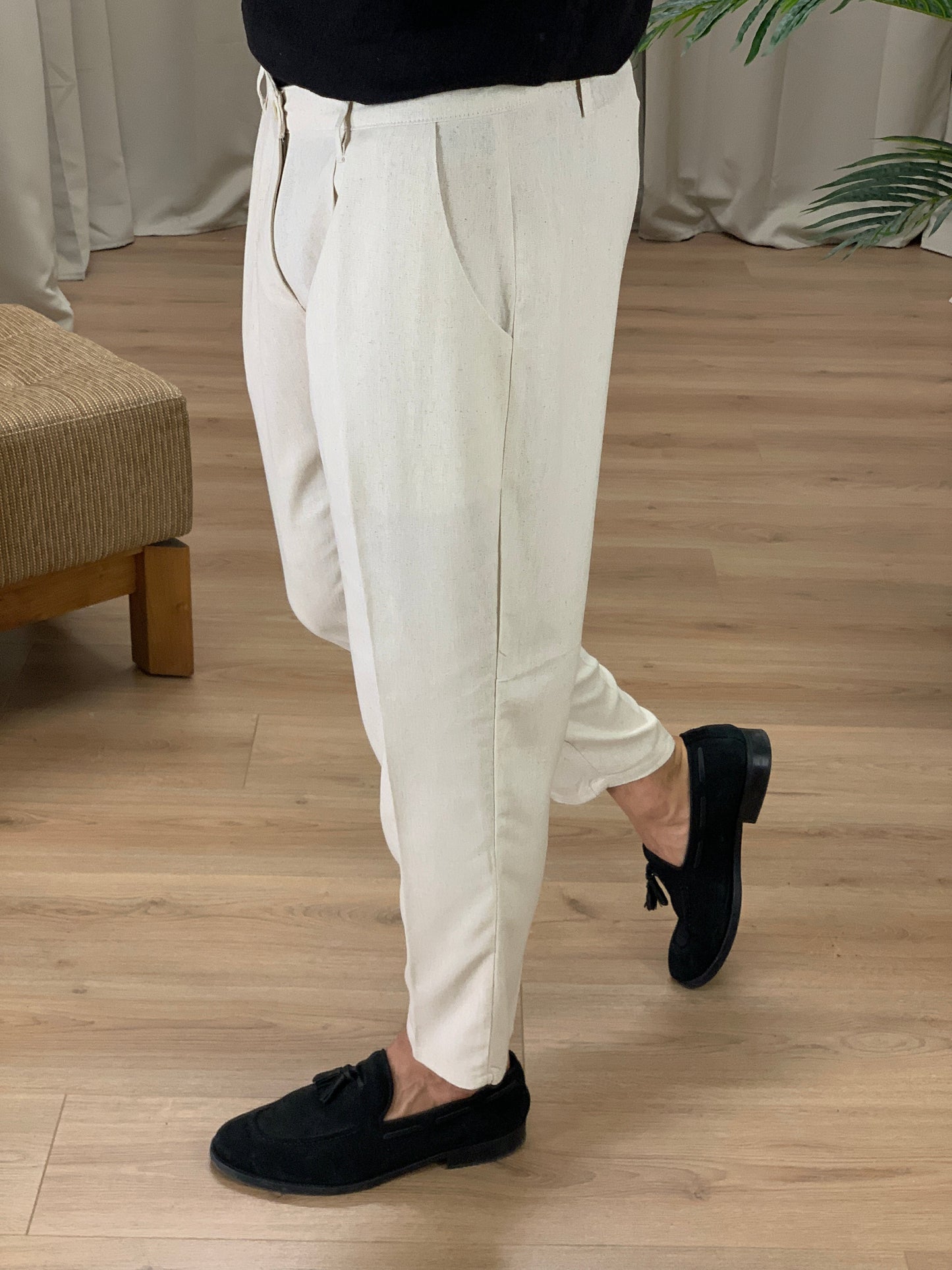 Pantalone Positano in Lino con Pinces col. Avorio