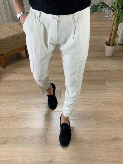 Pantalone Positano in Lino con Pinces col. Avorio