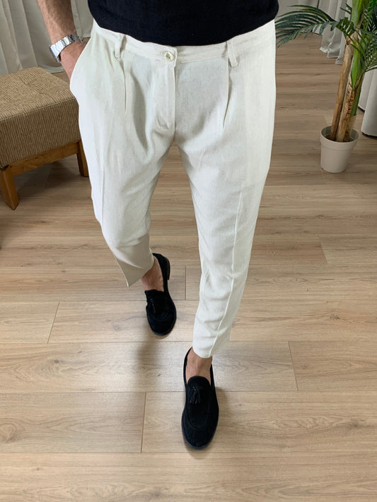 Pantalone Positano in Lino con Pinces col. Avorio
