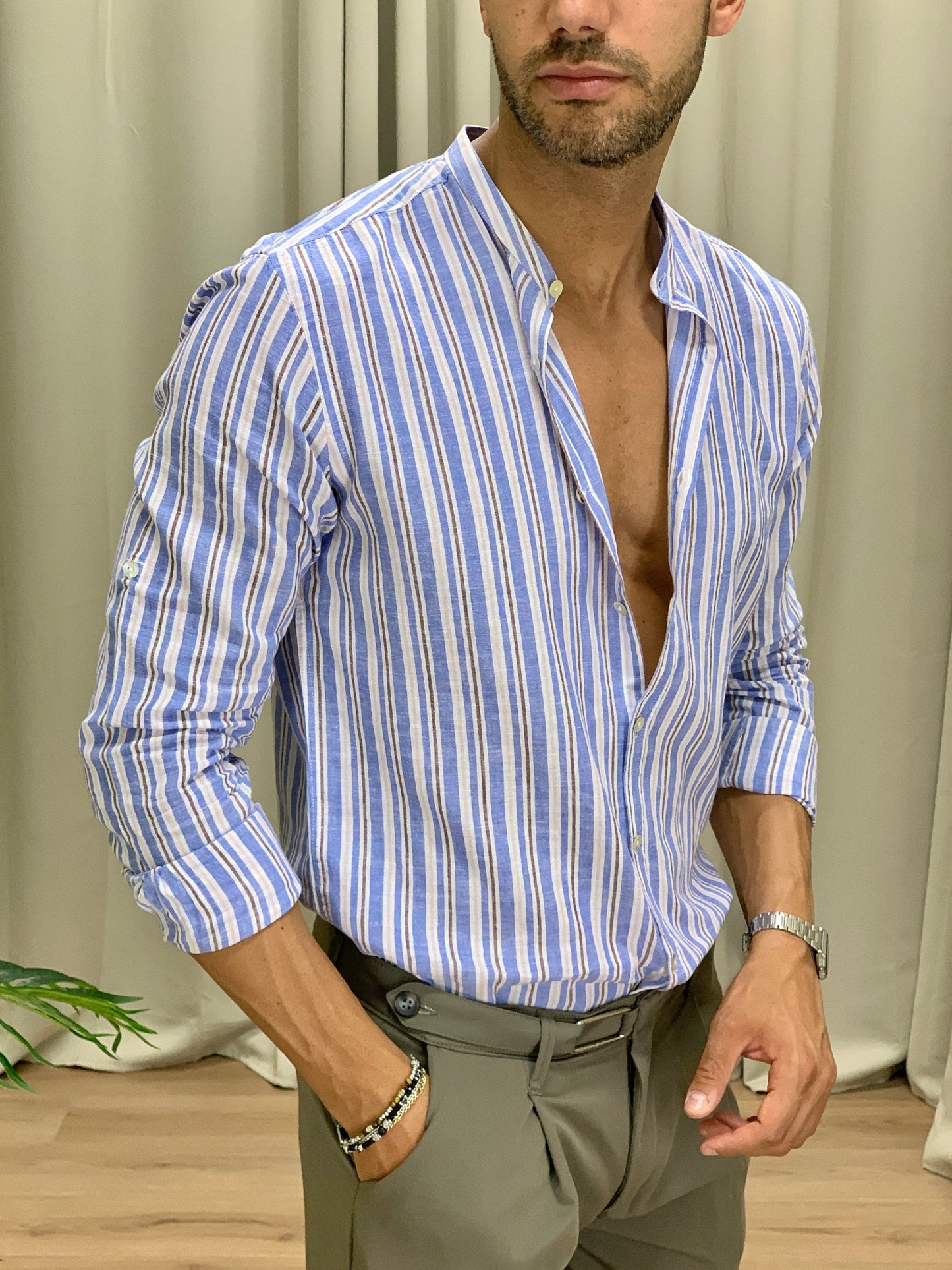 Camicia Stripe rigata in Lino col. Azzurro