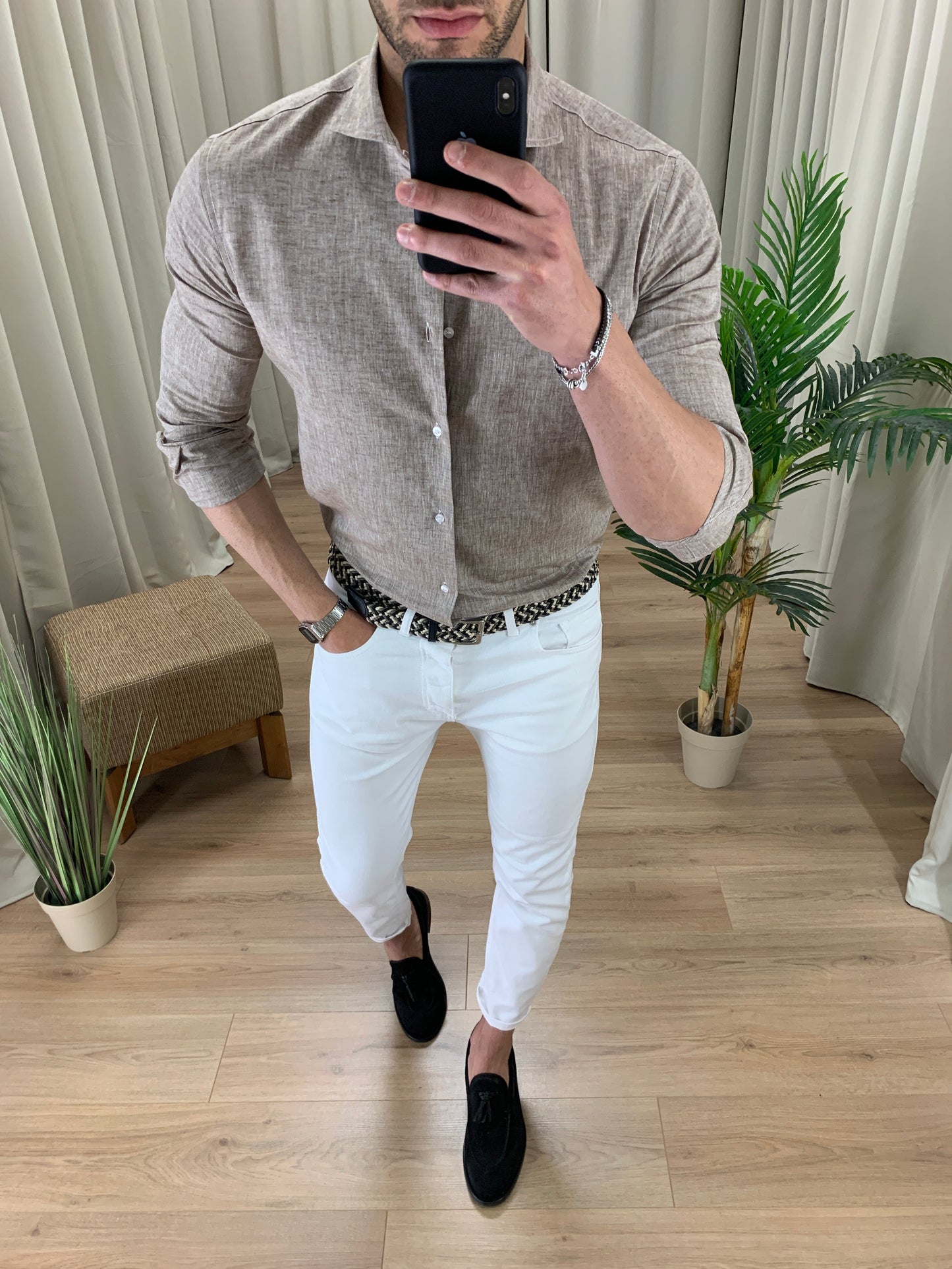 Camicia Santiago in Lino collo classico col. Tortora