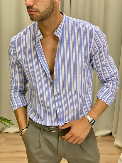 Camicia Stripe rigata in Lino col. Azzurro