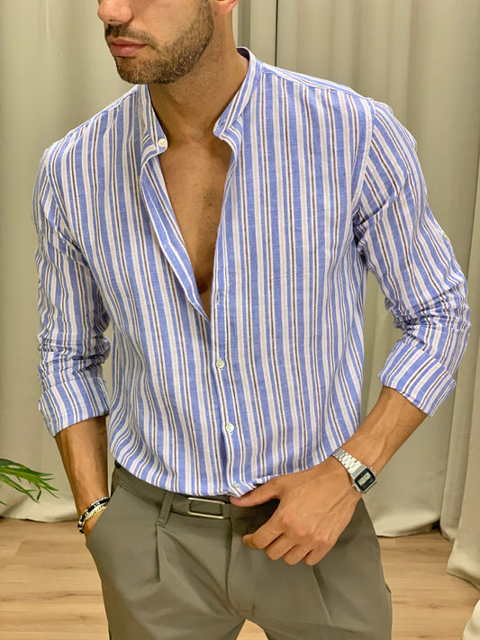 Camicia Stripe rigata in Lino col. Azzurro