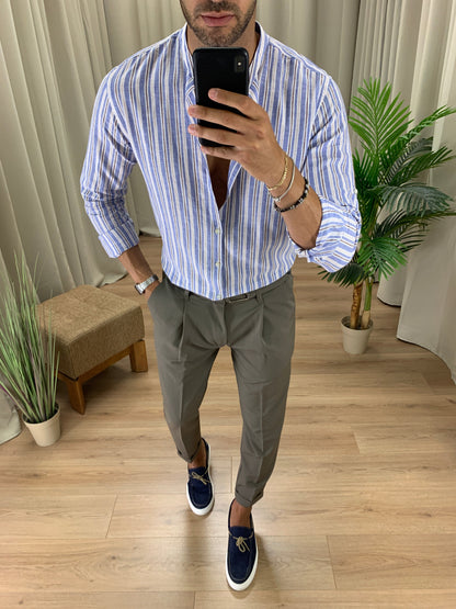 Camicia Stripe rigata in Lino col. Azzurro