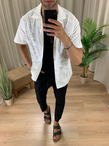 Camicia Fantasia Fiore effetto Ricamo col. Bianco