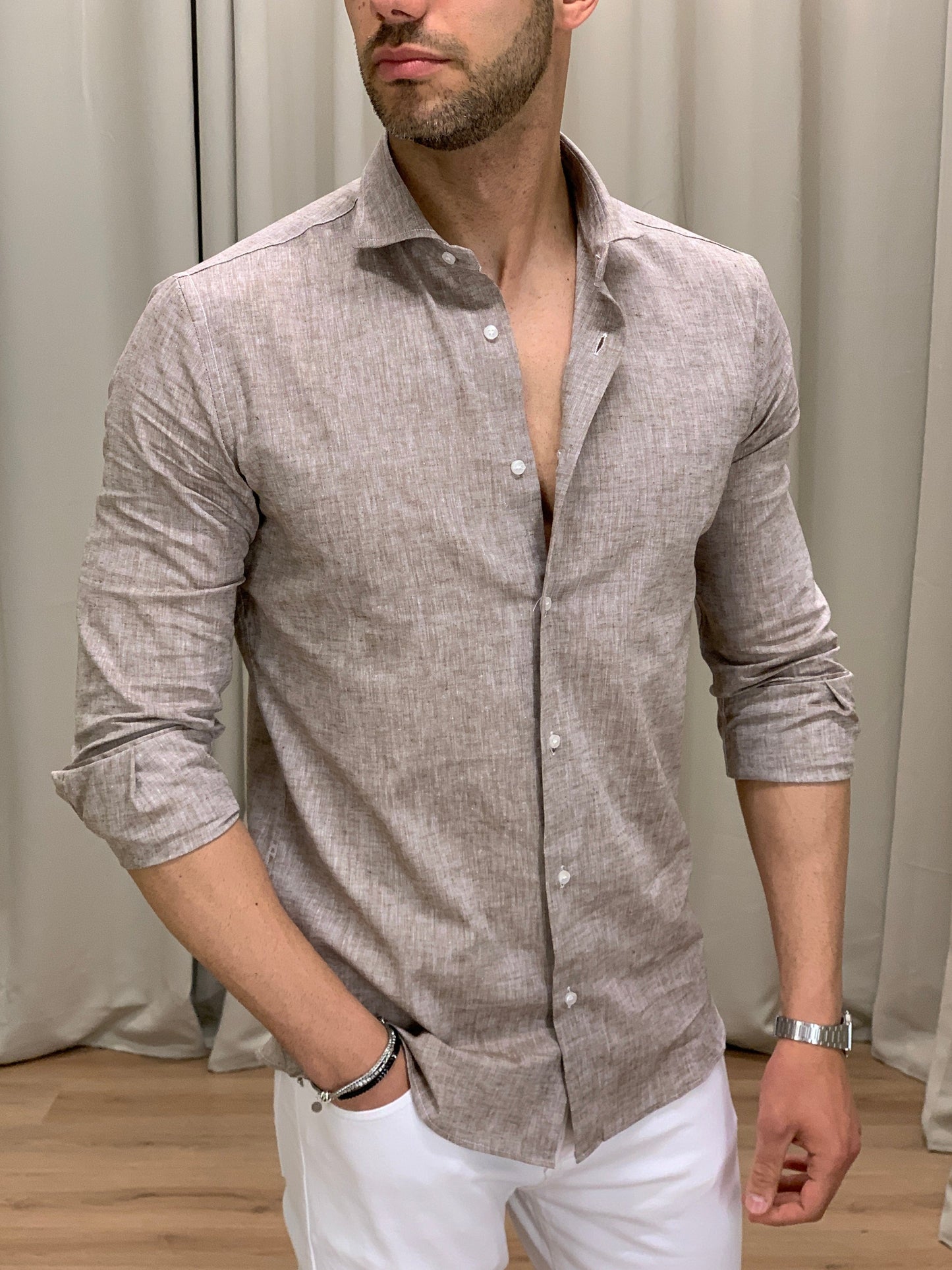 Camicia Santiago in Lino collo classico col. Tortora