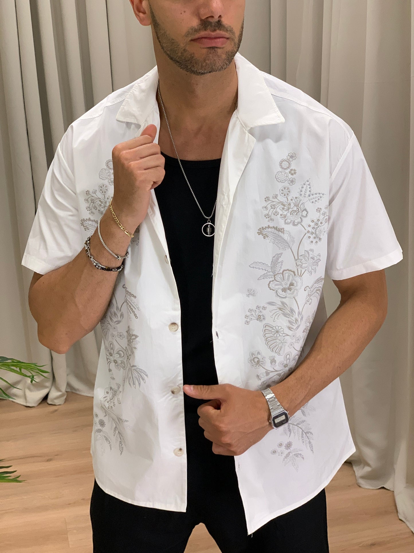 Camicia Fantasia Fiore effetto Ricamo col. Bianco