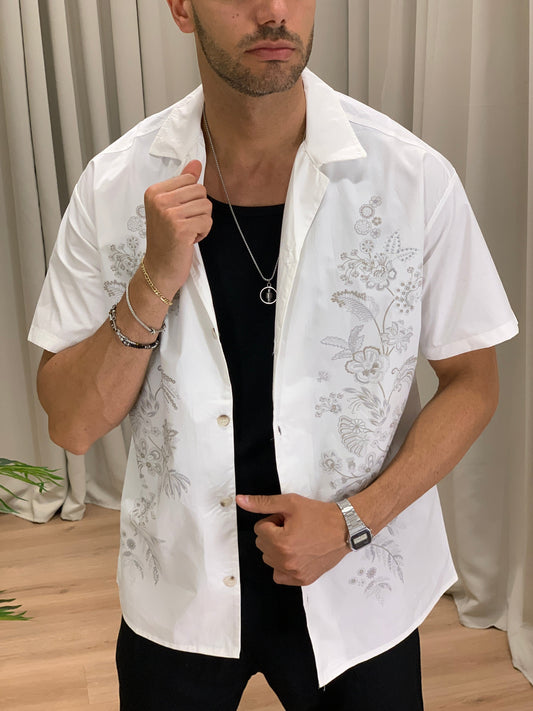 Camicia Fantasia Fiore effetto Ricamo col. Bianco