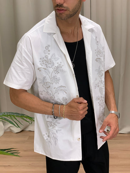 Camicia Fantasia Fiore effetto Ricamo col. Bianco