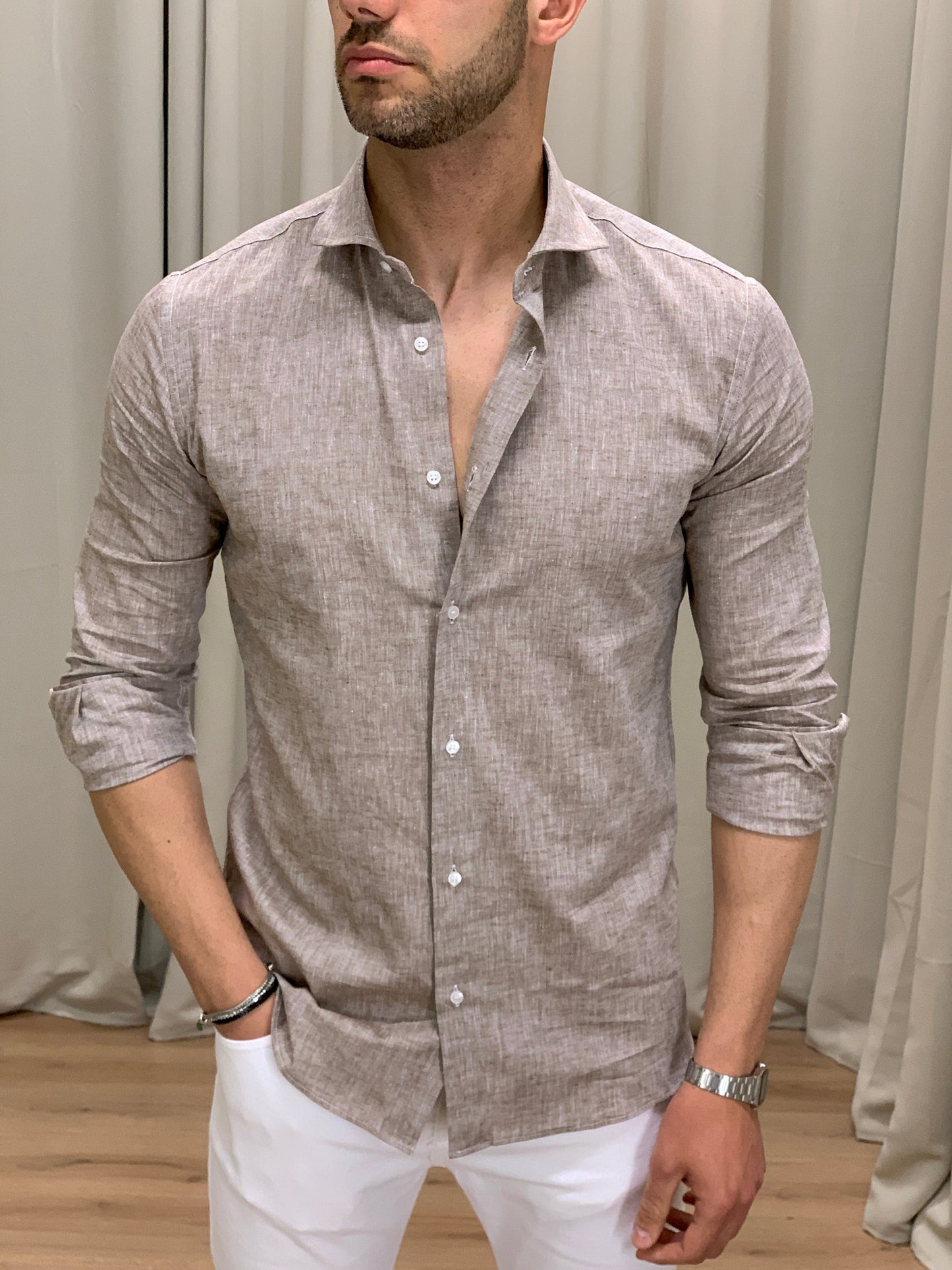 Camicia Santiago in Lino collo classico col. Tortora