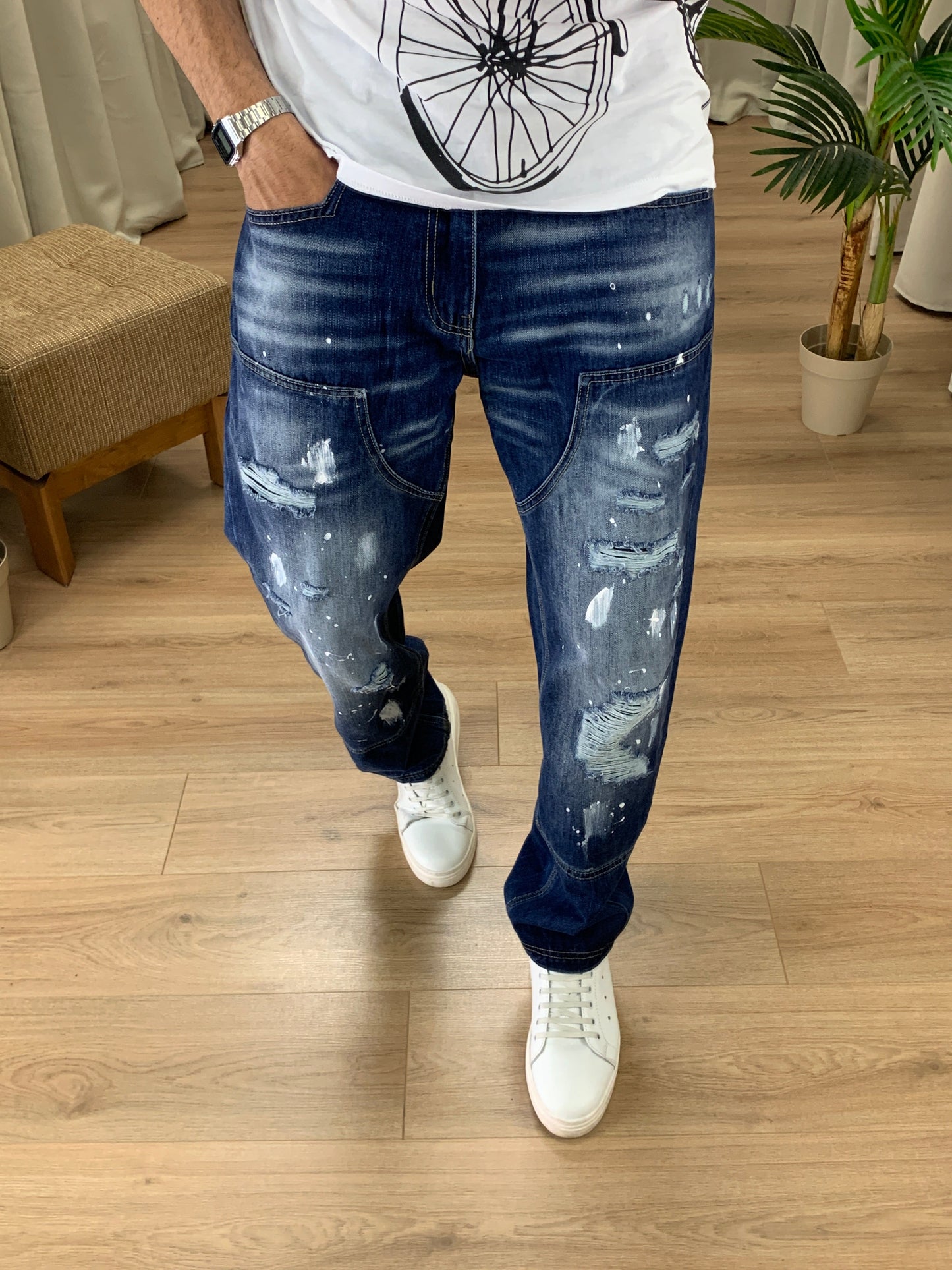 Jeans Untes Baggy Fit con vernice col. Denim