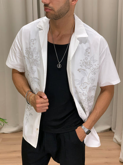Camicia Fantasia Fiore effetto Ricamo col. Bianco