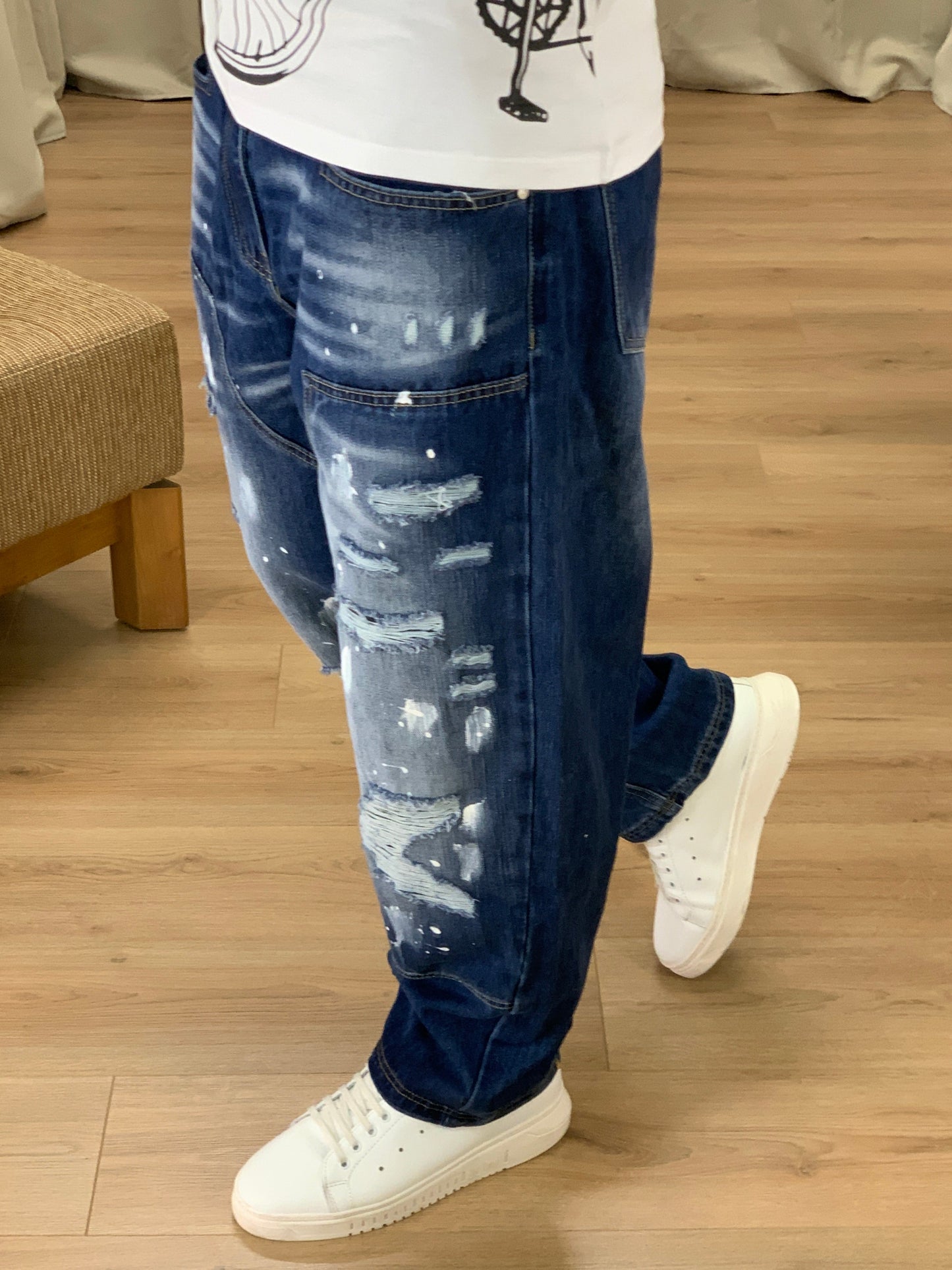 Jeans Untes Baggy Fit con vernice col. Denim