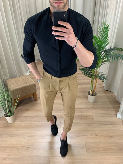 Camicia Taormina in Lino collo alla coreana col. Nero