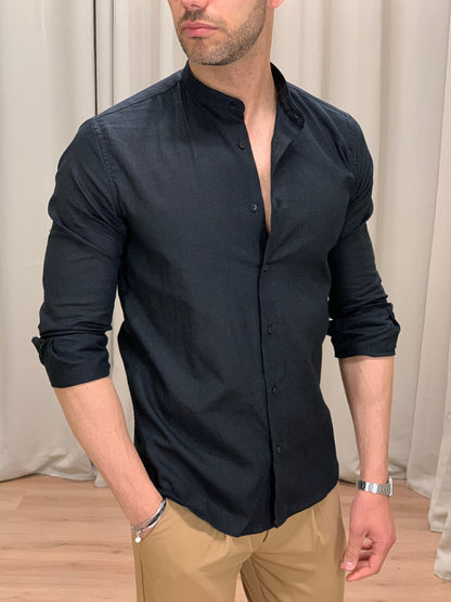 Camicia Taormina in Lino collo alla coreana col. Nero