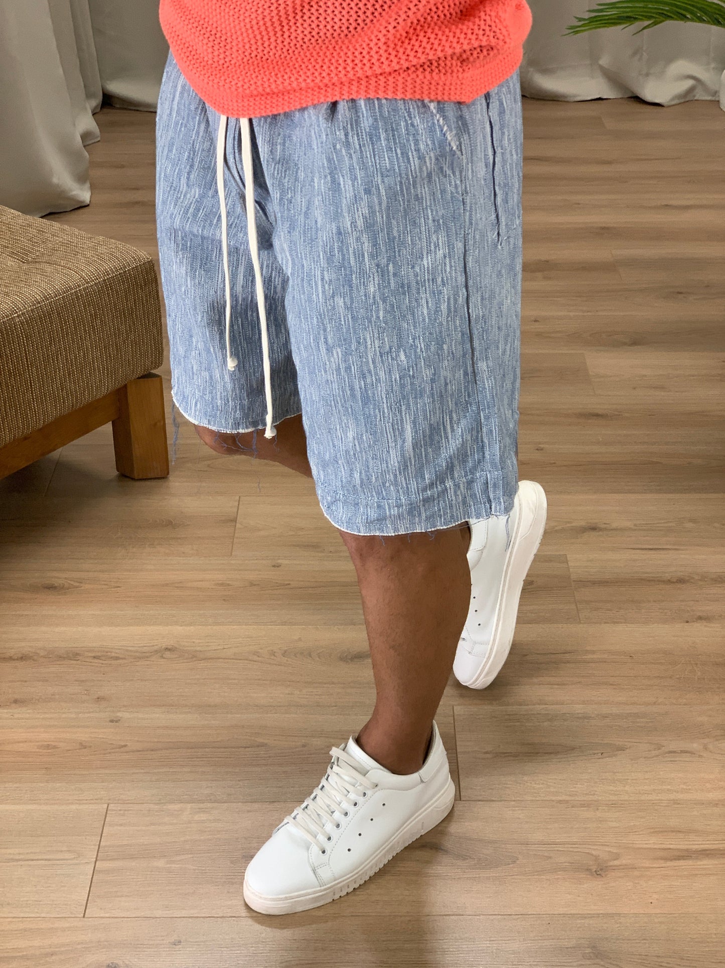 Bermuda con elastico effetto Jeans Sfrangiato col. Denim