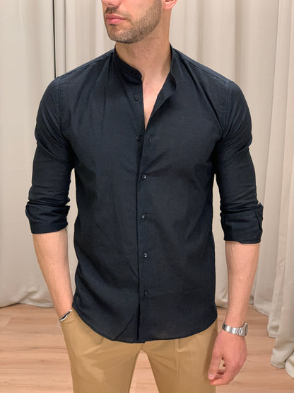Camicia Taormina in Lino collo alla coreana col. Nero