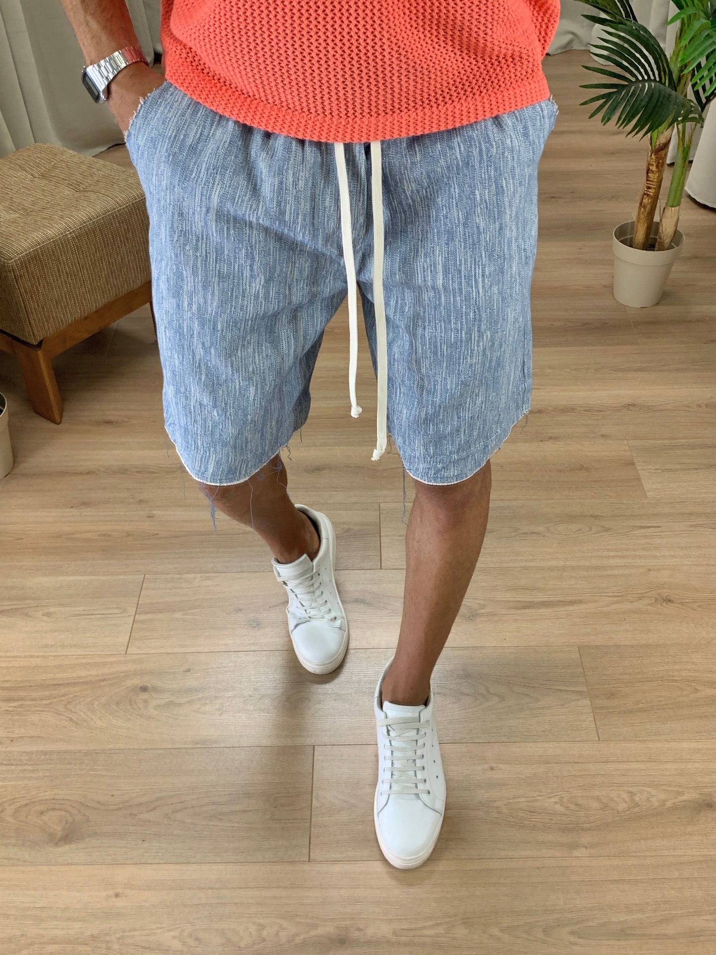 Bermuda con elastico effetto Jeans Sfrangiato col. Denim