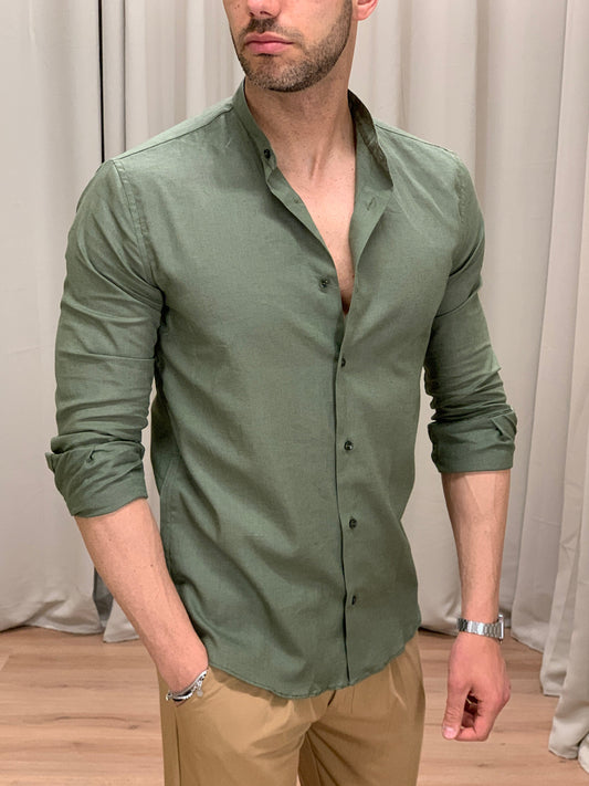 Camicia Taormina in Lino collo alla coreana col. Verde Militare