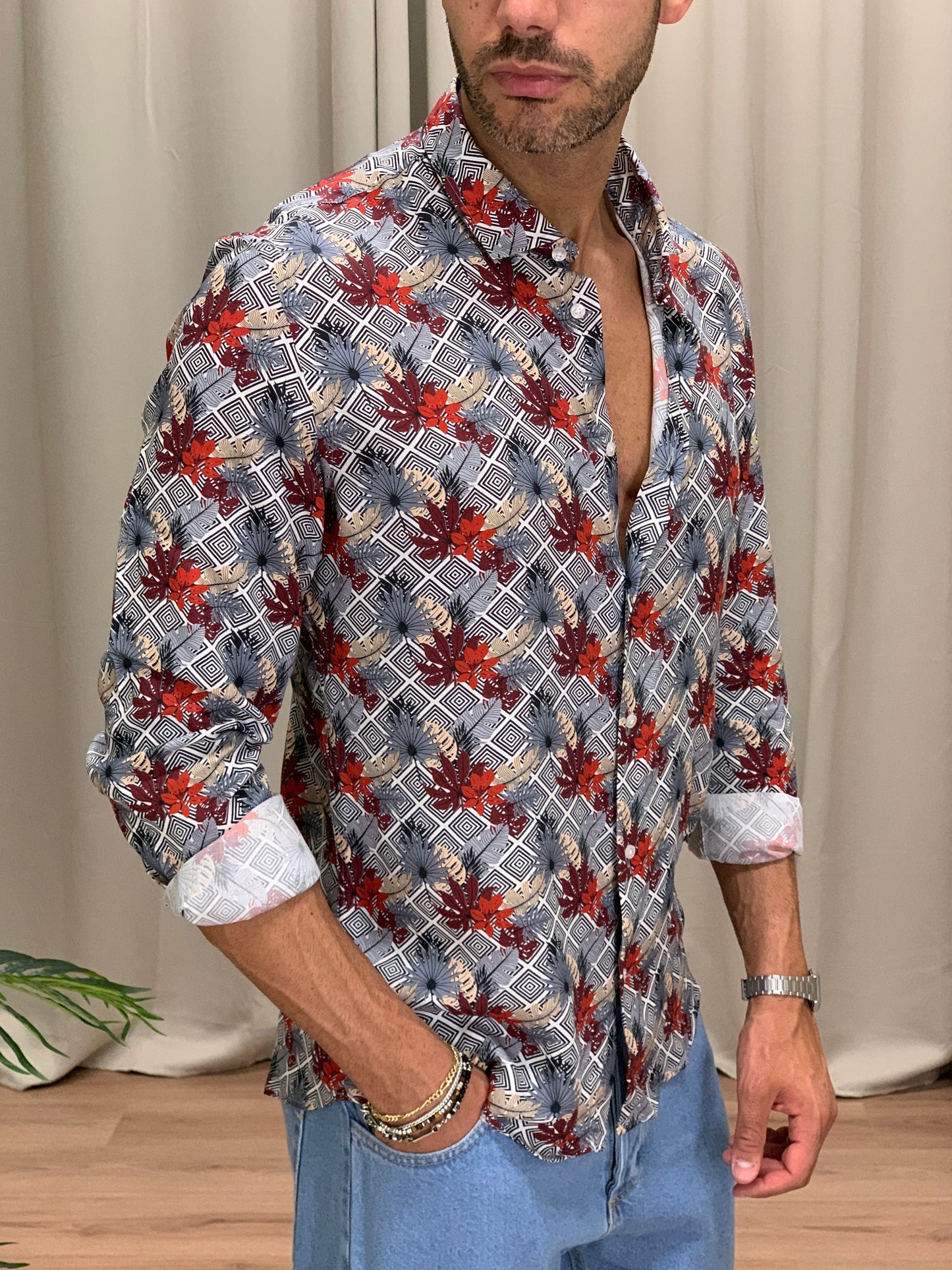 Camicia Foglie illusion con Fantasia col. Nero