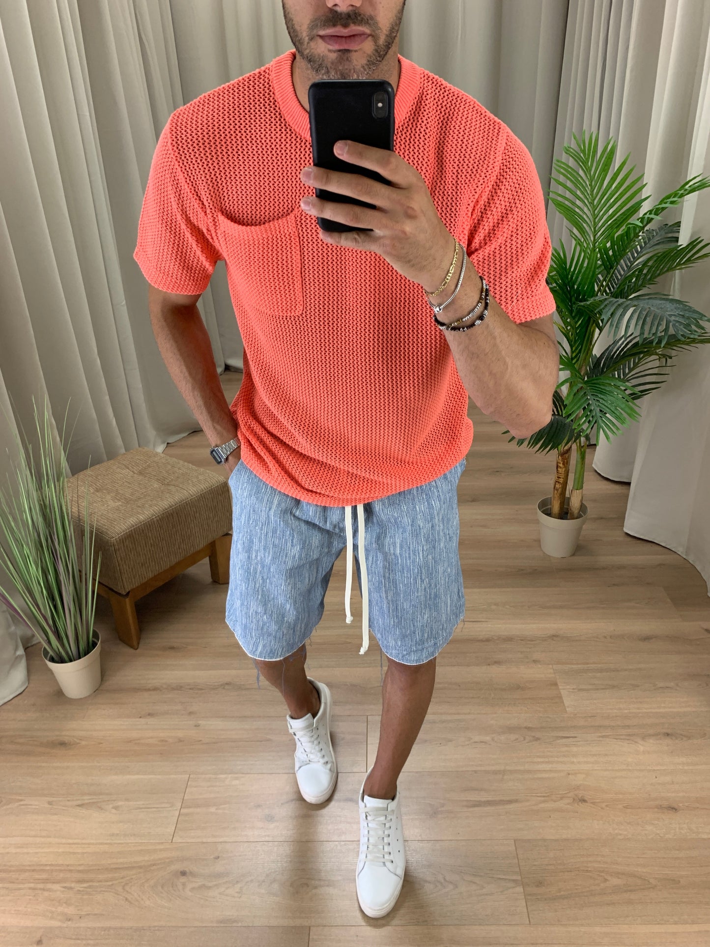 T-shirt traforata effetto Maglia con Taschino col. Aragosta