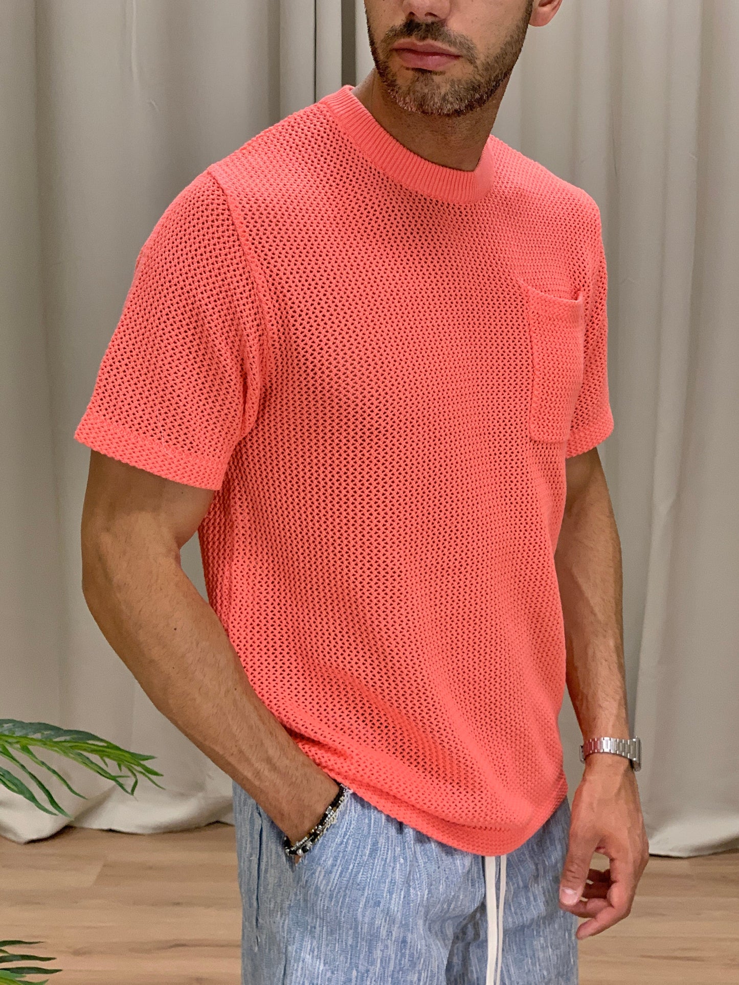 T-shirt traforata effetto Maglia con Taschino col. Aragosta