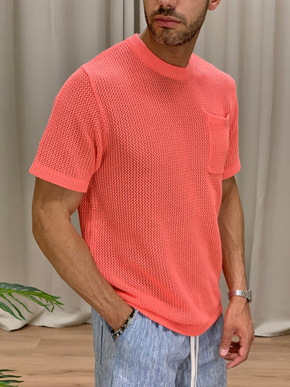 T-shirt traforata effetto Maglia con Taschino col. Aragosta