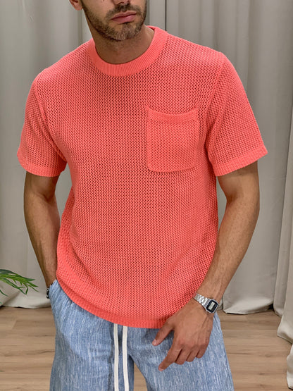 T-shirt traforata effetto Maglia con Taschino col. Aragosta