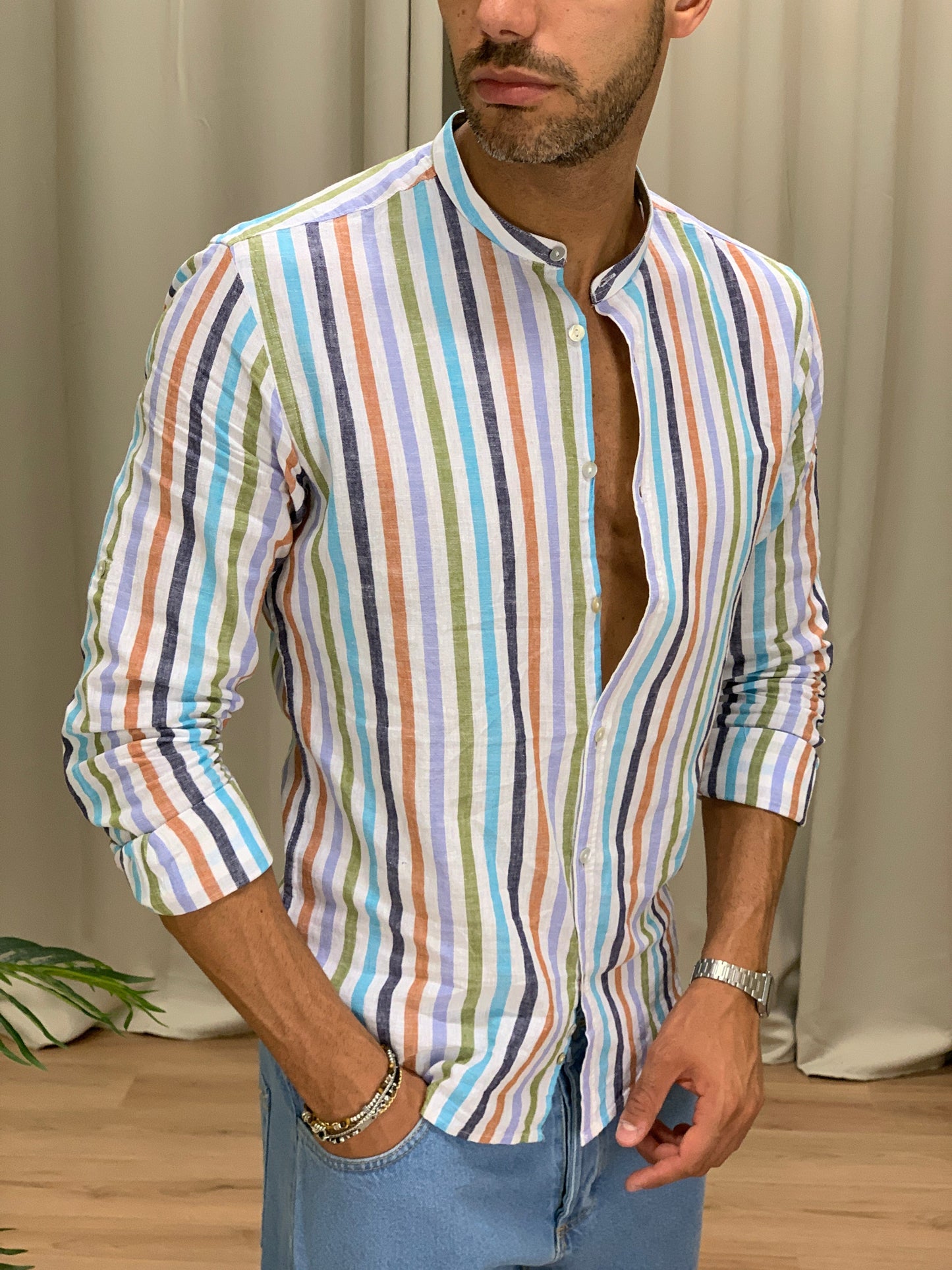 Camicia misto Righe in Lino col. Bianco