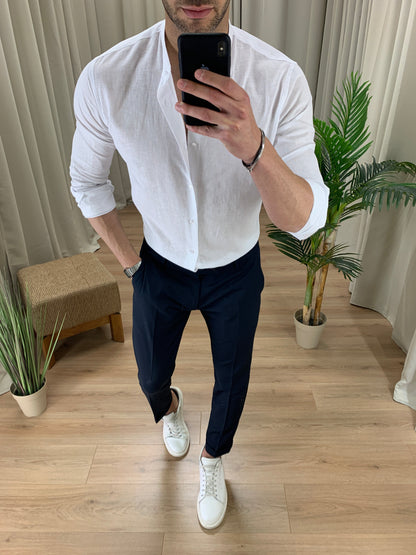 Camicia Taormina in Lino collo alla coreana col. Bianco