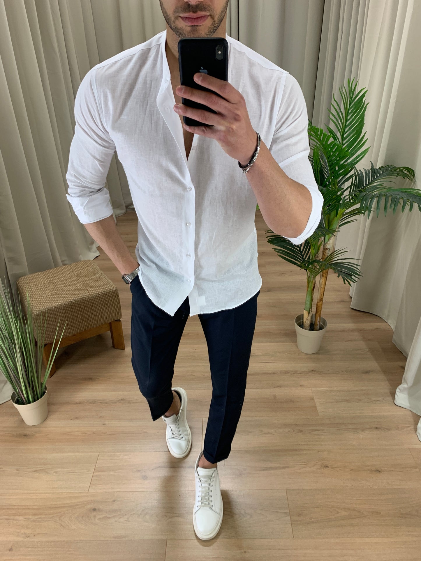 Camicia Taormina in Lino collo alla coreana col. Bianco