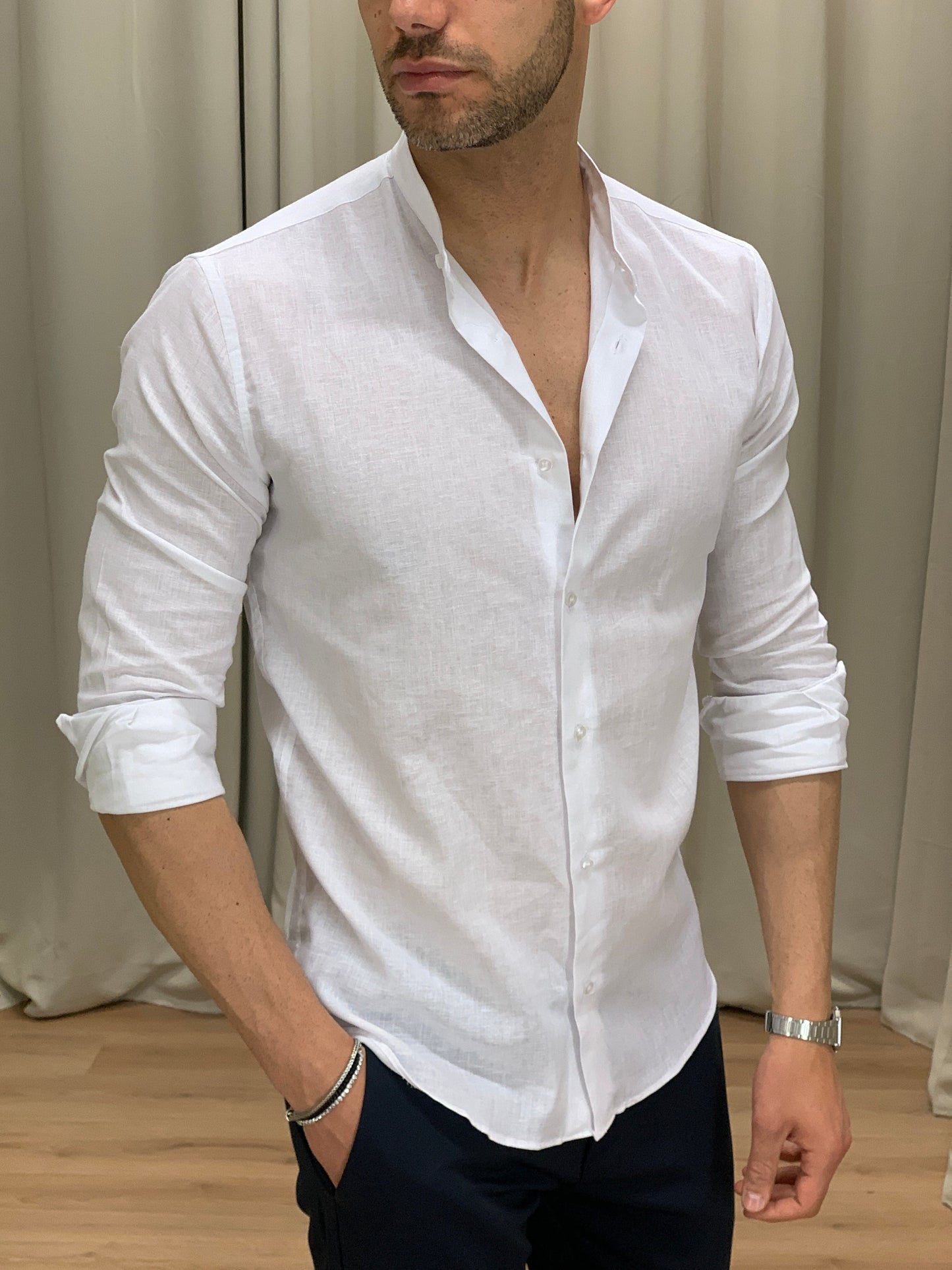 Camicia Taormina in Lino collo alla coreana col. Bianco