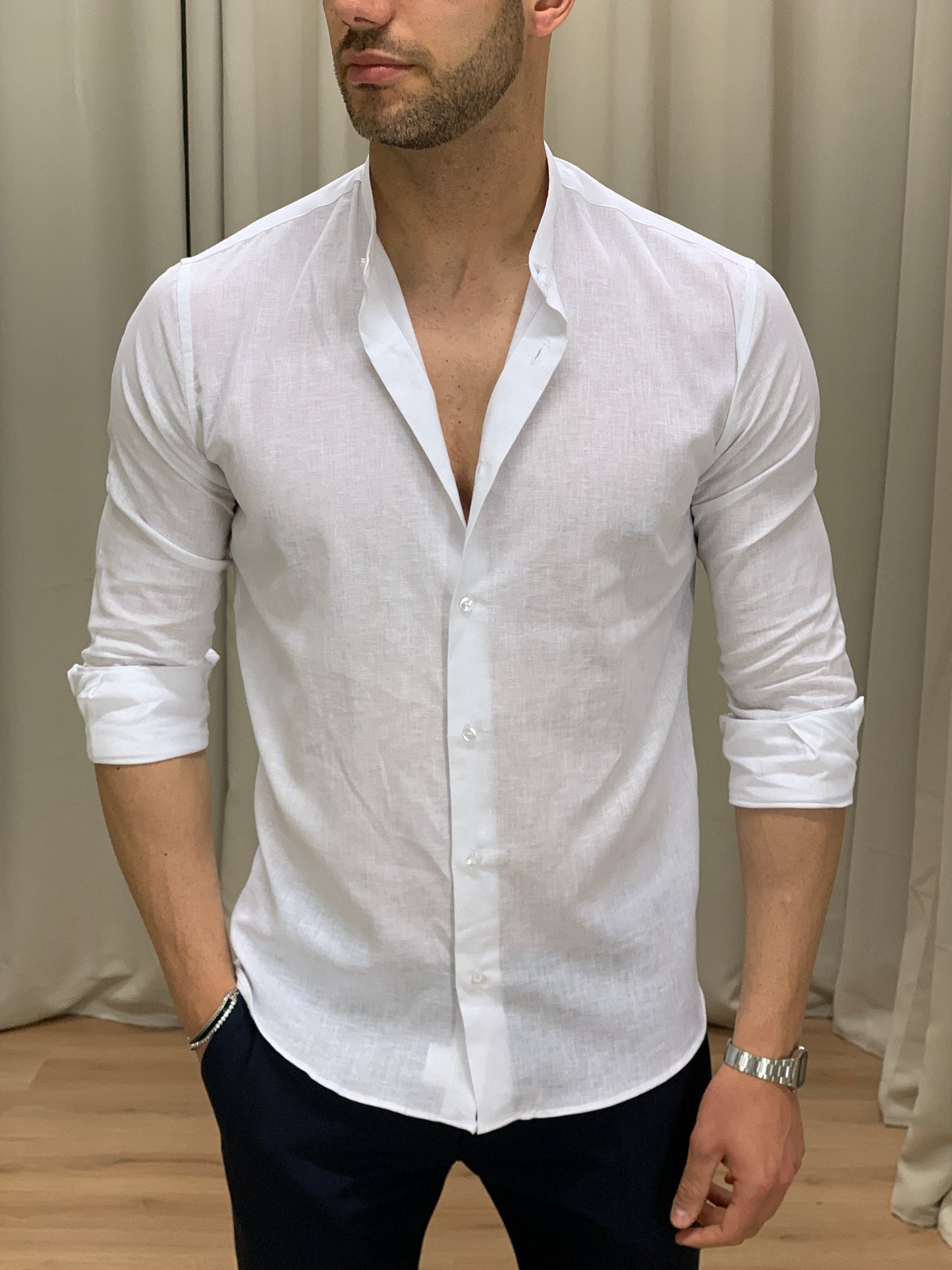 Camicia Taormina in Lino collo alla coreana col. Bianco